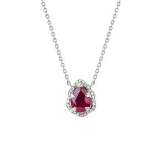 Micro Queen Water Drop Ruby Necklace with Pavé Diamond Halo White Gold 16"  by Logan Hollowell Jewelry