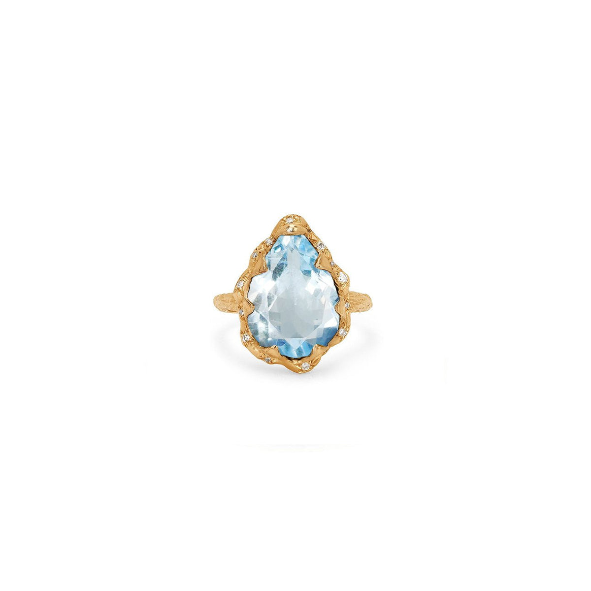 Queen Water Drop Aquamarine Ring with Sprinkled Diamonds Yellow Gold 3 by Logan Hollowell Jewelry