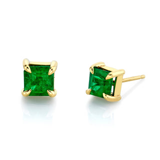 Asscher Cut Colombian Emerald Studs Yellow Gold Pair  by Logan Hollowell Jewelry