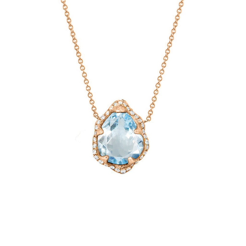 Baby Queen Water Drop Aquamarine Necklace with Full Pavé Diamond Halo Rose Gold by Logan Hollowell Jewelry