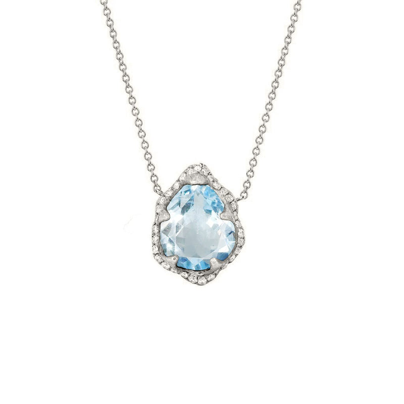 Baby Queen Water Drop Aquamarine Necklace with Full Pavé Diamond Halo White Gold by Logan Hollowell Jewelry