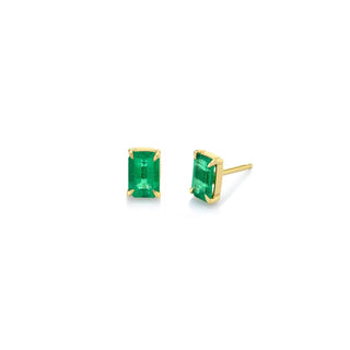 Baby Emerald Cut Colombian Emerald Studs Yellow Gold Pair  by Logan Hollowell Jewelry