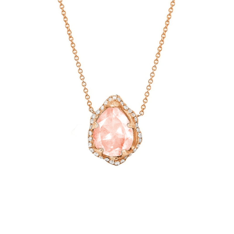 Baby Queen Water Drop Morganite Necklace with Full Pavé Halo Rose Gold by Logan Hollowell Jewelry