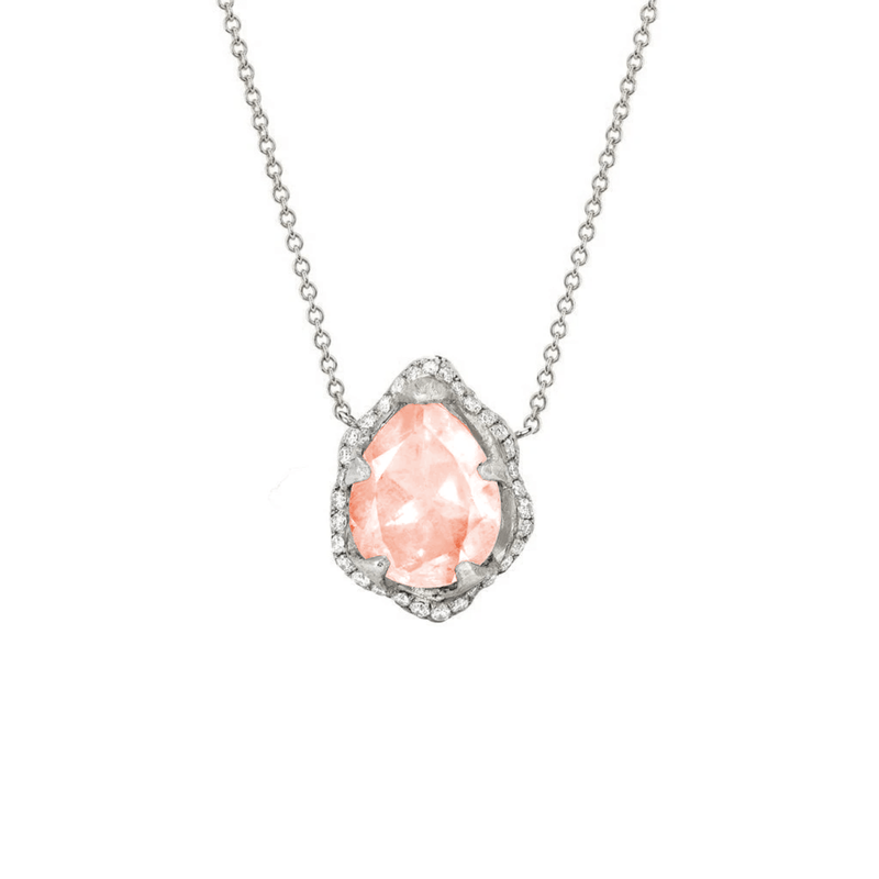 Baby Queen Water Drop Morganite Necklace with Full Pavé Halo White Gold by Logan Hollowell Jewelry