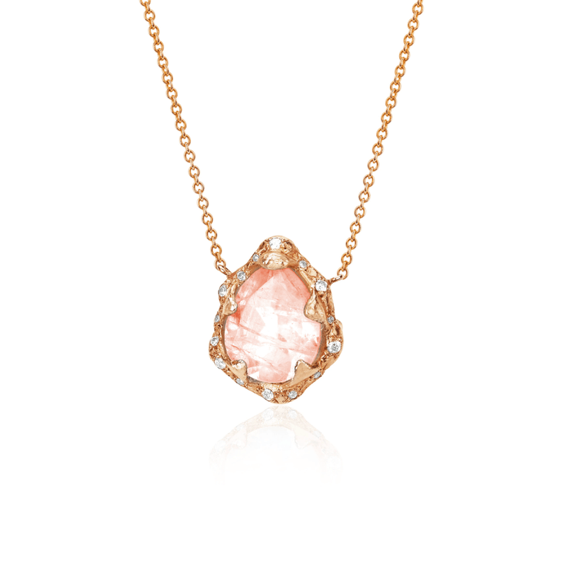 Baby Queen Water Drop Morganite Necklace with Sprinkled Diamonds Rose Gold by Logan Hollowell Jewelry