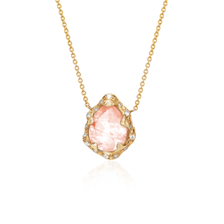 Baby Queen Water Drop Morganite Necklace with Sprinkled Diamonds Yellow Gold   by Logan Hollowell Jewelry