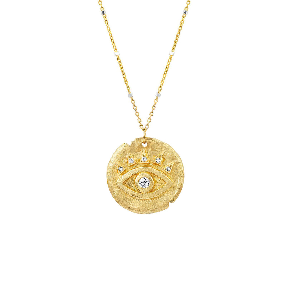 Diamond Petite Eye of Protection Coin Pendant Yellow Gold 16" Twinkle Chain by Logan Hollowell Jewelry