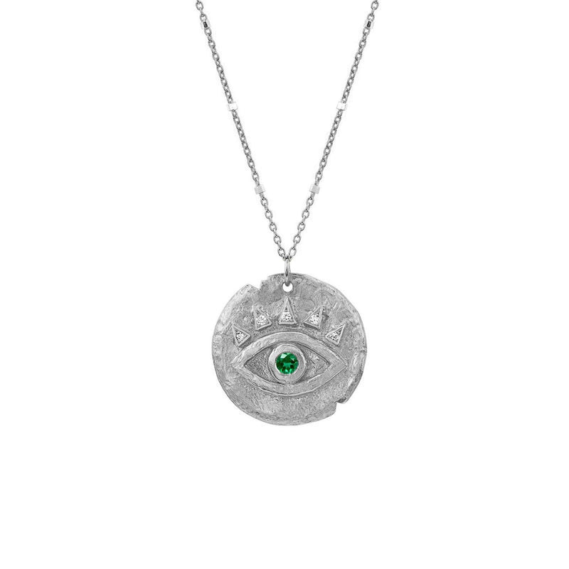 Emerald Petite Eye of Protection Coin Pendant White Gold 16" Twinkle Chain by Logan Hollowell Jewelry