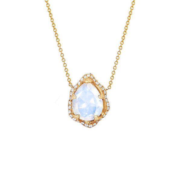 Baby Queen Water Drop Moonstone Necklace with Full Pavé Diamond Halo Yellow Gold by Logan Hollowell Jewelry