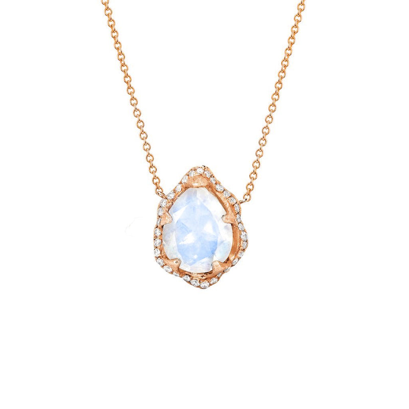 Baby Queen Water Drop Moonstone Necklace with Full Pavé Diamond Halo Rose Gold by Logan Hollowell Jewelry