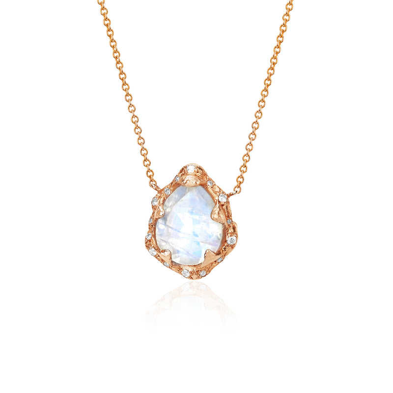 Baby Queen Water Drop Moonstone Necklace with Sprinkled Diamonds Rose Gold by Logan Hollowell Jewelry