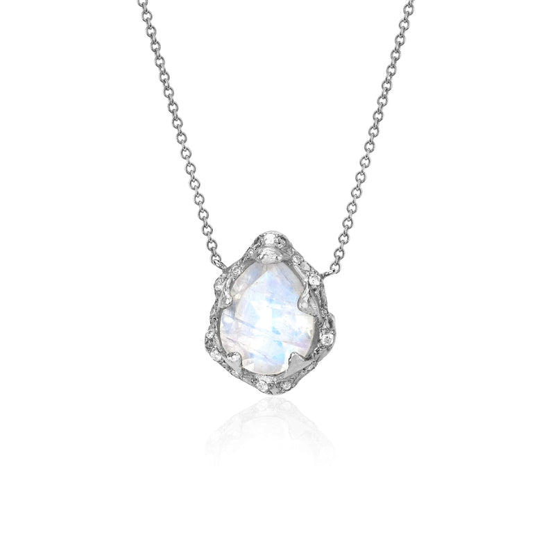 Baby Queen Water Drop Moonstone Necklace with Sprinkled Diamonds White Gold by Logan Hollowell Jewelry