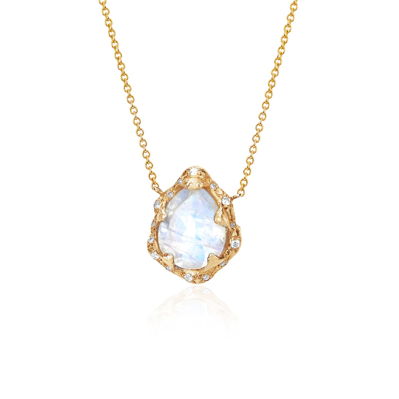 Baby Queen Water Drop Moonstone Necklace with Sprinkled Diamonds Yellow Gold by Logan Hollowell Jewelry