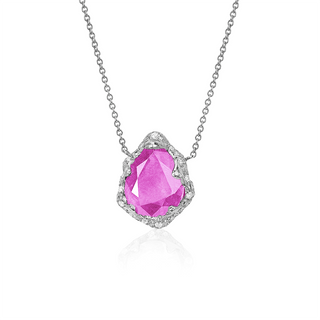 Baby Queen Water Drop Pink Sapphire Necklace with Sprinkled Diamonds White Gold   by Logan Hollowell Jewelry