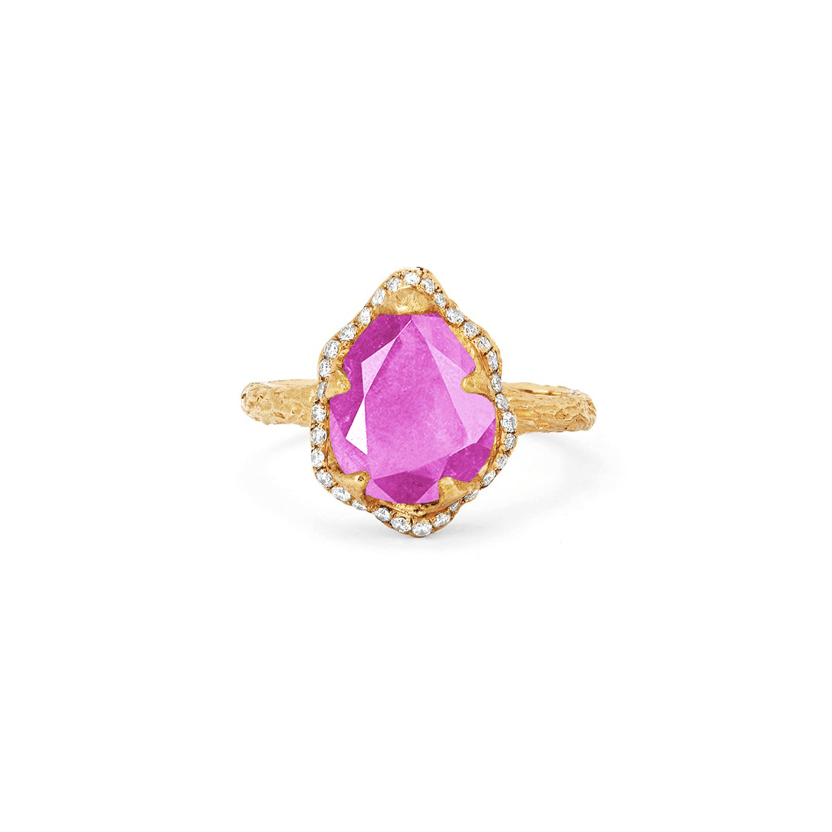 Baby Queen Water Drop Pink Sapphire Ring with Full Pavé Halo Yellow Gold 3 by Logan Hollowell Jewelry