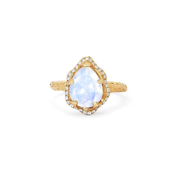 Baby Queen Water Drop Moonstone Ring with Full Pavé Diamond Halo Yellow Gold 3 by Logan Hollowell Jewelry