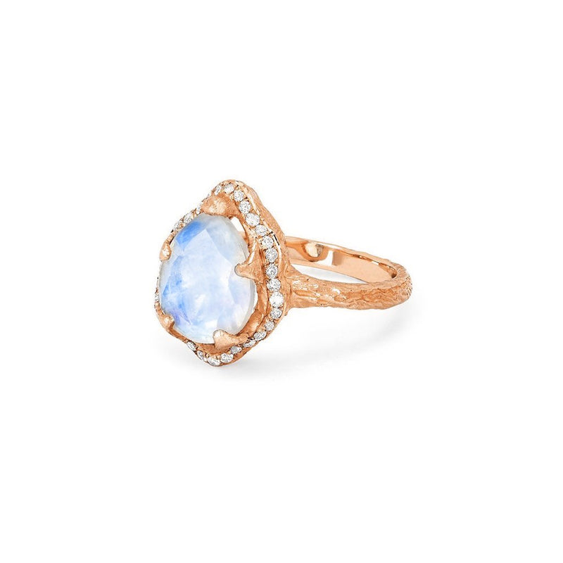 Baby Queen Water Drop Moonstone Ring with Full Pavé Diamond Halo by Logan Hollowell Jewelry