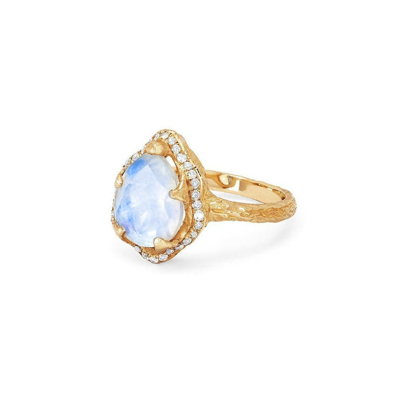 Baby Queen Water Drop Moonstone Ring with Full Pavé Diamond Halo by Logan Hollowell Jewelry