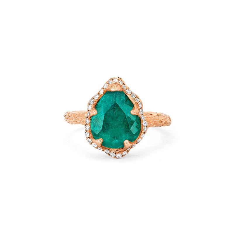 Baby Queen Water Drop Colombian Emerald Ring with Full Pavé Diamond Halo Rose Gold 3 by Logan Hollowell Jewelry