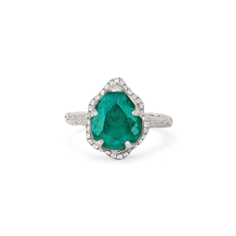 Baby Queen Water Drop Colombian Emerald Ring with Full Pavé Diamond Halo White Gold 3 by Logan Hollowell Jewelry
