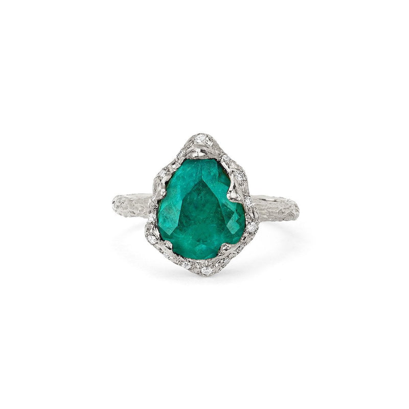 Baby Queen Water Drop Colombian Emerald Ring with Sprinkled Diamonds White Gold 3 by Logan Hollowell Jewelry