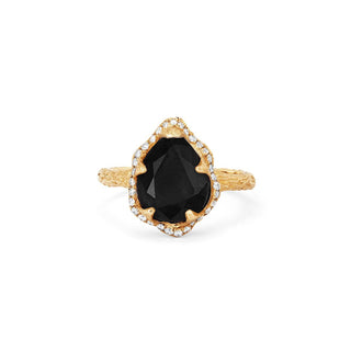 Baby Queen Water Drop Onyx Ring with Full Pavé Diamond Halo Yellow Gold 5  by Logan Hollowell Jewelry