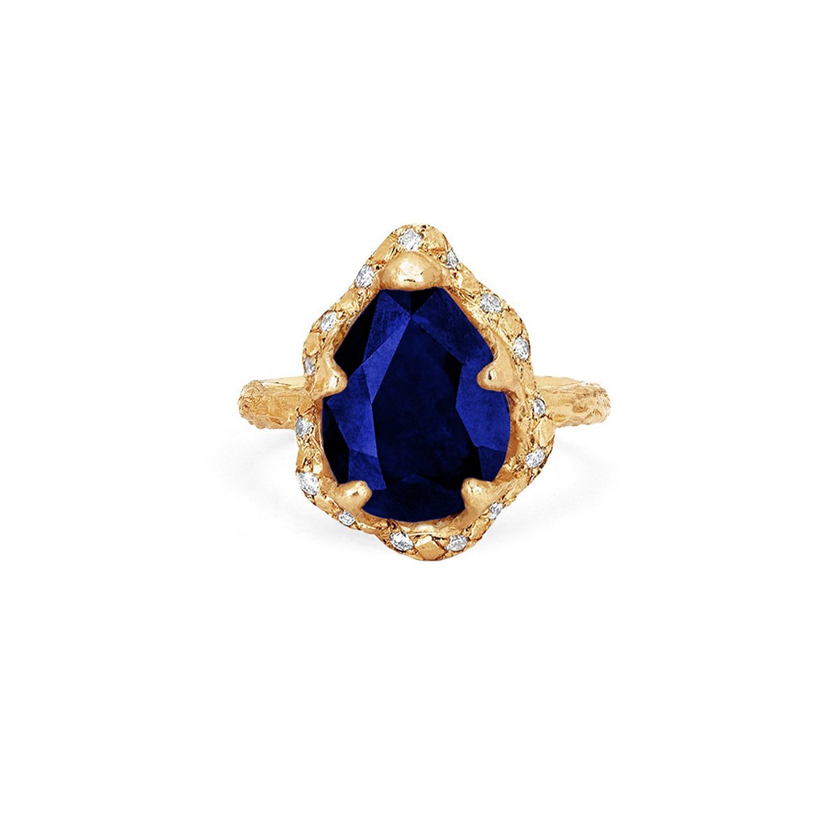Baby Queen Water Drop Sapphire Ring with Sprinkled Diamond Halo Yellow Gold 3 by Logan Hollowell Jewelry