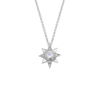 North Star Moonstone Necklace with Diamonds Standard Solid Chain White Gold 16" by Logan Hollowell Jewelry