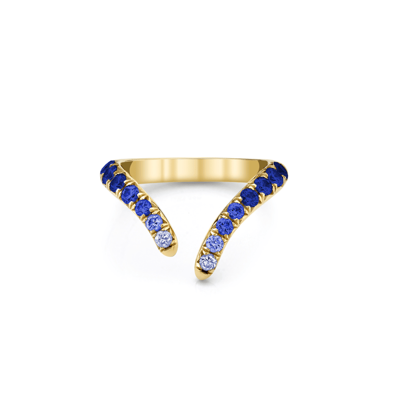 French Pavé Blue Sapphire Tusk Ring Yellow Gold 3 by Logan Hollowell Jewelry