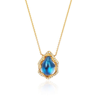 18k Queen Water Drop Blue Sheen Moonstone Necklace with Full Pavé Halo Yellow Gold 16-18"  by Logan Hollowell Jewelry