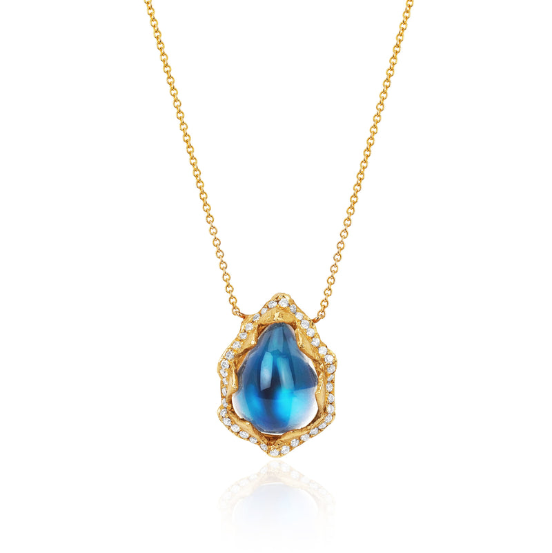 Queen Water Drop Blue Sheen Moonstone Necklace with Full Pavé Halo Yellow Gold 16-18" by Logan Hollowell Jewelry