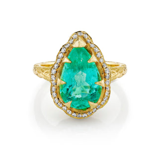 18k Classic Queen Water Drop Paraiba Ring with Full Pavé Diamond Halo Yellow Gold 4  by Logan Hollowell Jewelry