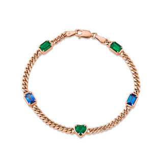 Emerald and Blue Sapphire Cuban Bracelet 6.5" Rose Gold  by Logan Hollowell Jewelry