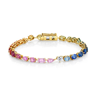 Rainbow Diana Tennis Bracelet with Diamond Heart Center Yellow Gold 6"  by Logan Hollowell Jewelry