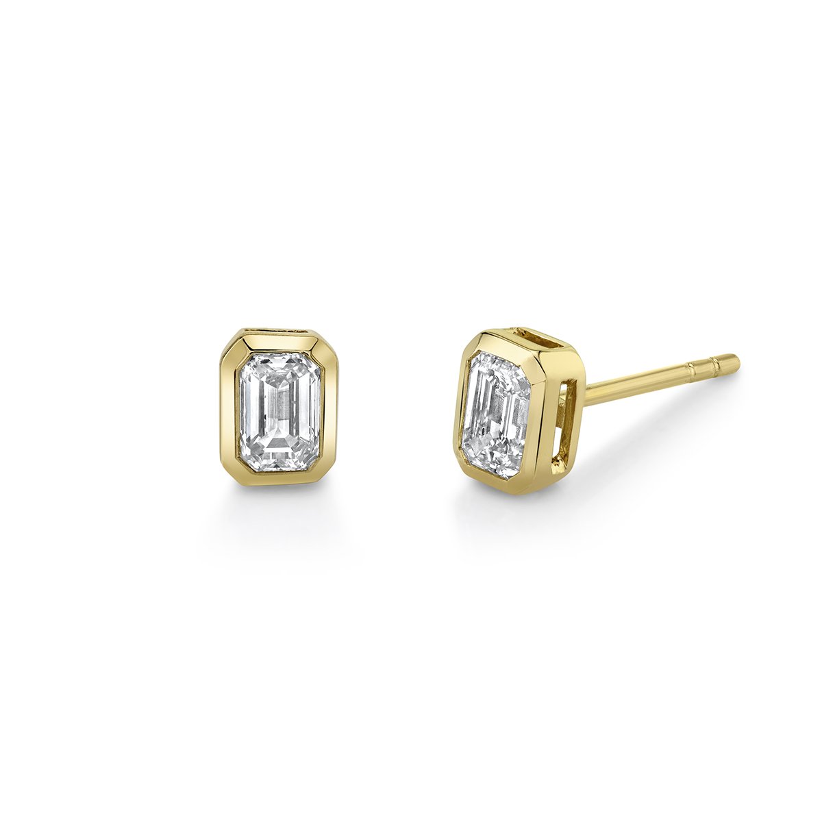 Mini Emerald Cut Diamond Studs Yellow Gold Pair by Logan Hollowell Jewelry