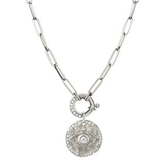 Alchemy Link Charm Necklace with Pavé Diamonds and 18k Diamond Eye of Protection Coin Charm White Gold 16"  by Logan Hollowell Jewelry