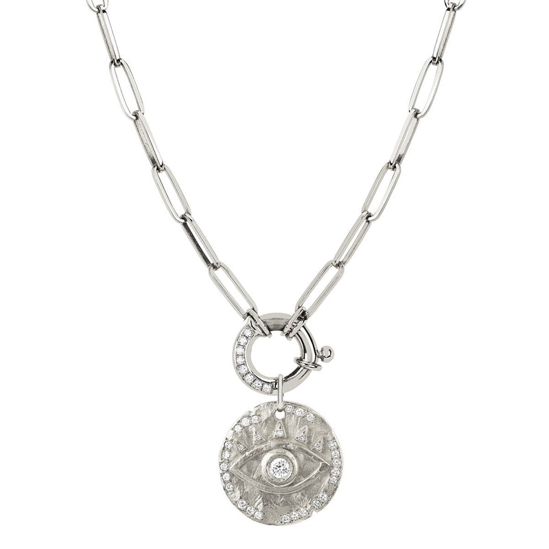 Alchemy Link Charm Necklace with Pavé Diamonds and 18k Diamond Eye of Protection Coin Charm White Gold 16" by Logan Hollowell Jewelry