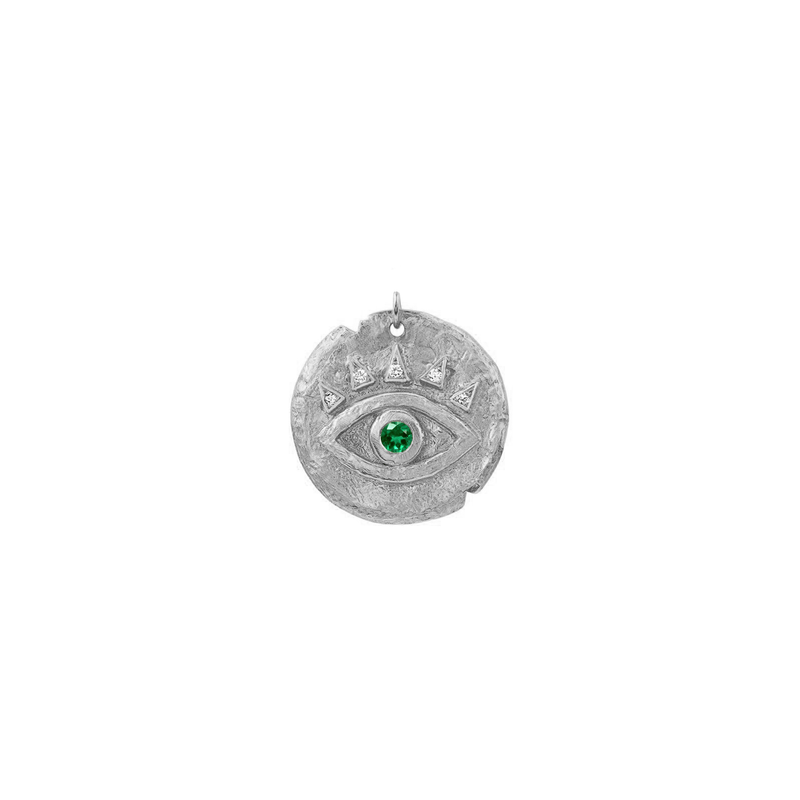 Emerald Petite Eye of Protection Coin Charm White Gold by Logan Hollowell Jewelry