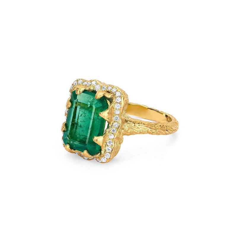 Queen Emerald Cut Emerald Ring with Full Pavé Diamond Halo | Ready to Ship by Logan Hollowell Jewelry