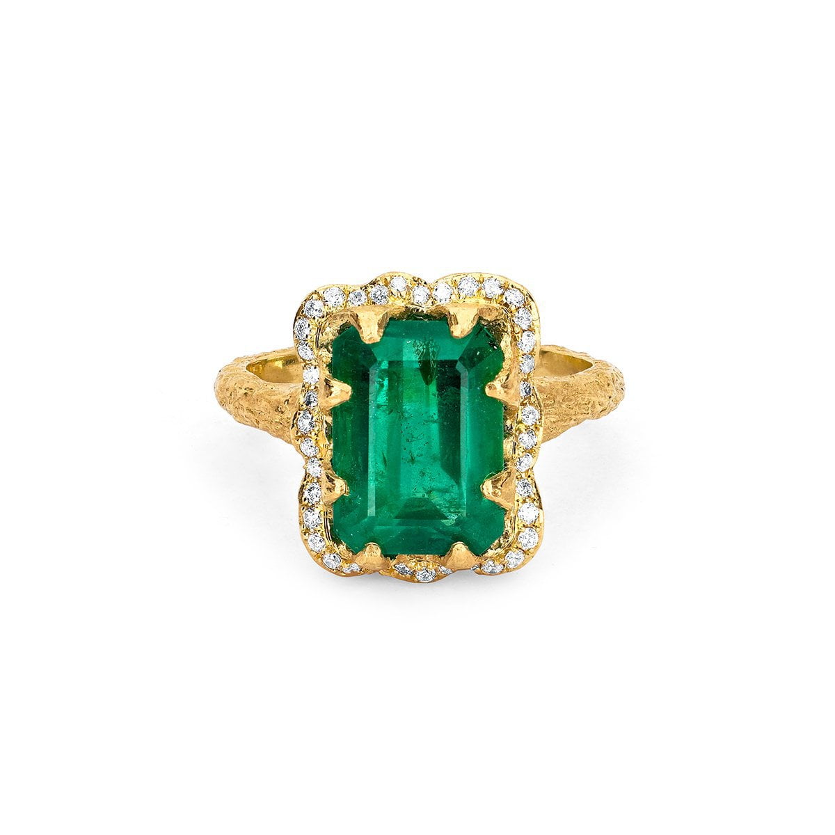 Queen Emerald Cut Emerald Ring with Full Pavé Diamond Halo | Ready to Ship Yellow Gold 5.5 by Logan Hollowell Jewelry