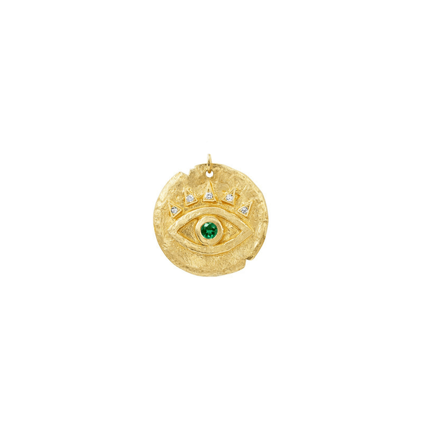Emerald Baby Eye of Protection Coin Charm Yellow Gold by Logan Hollowell Jewelry