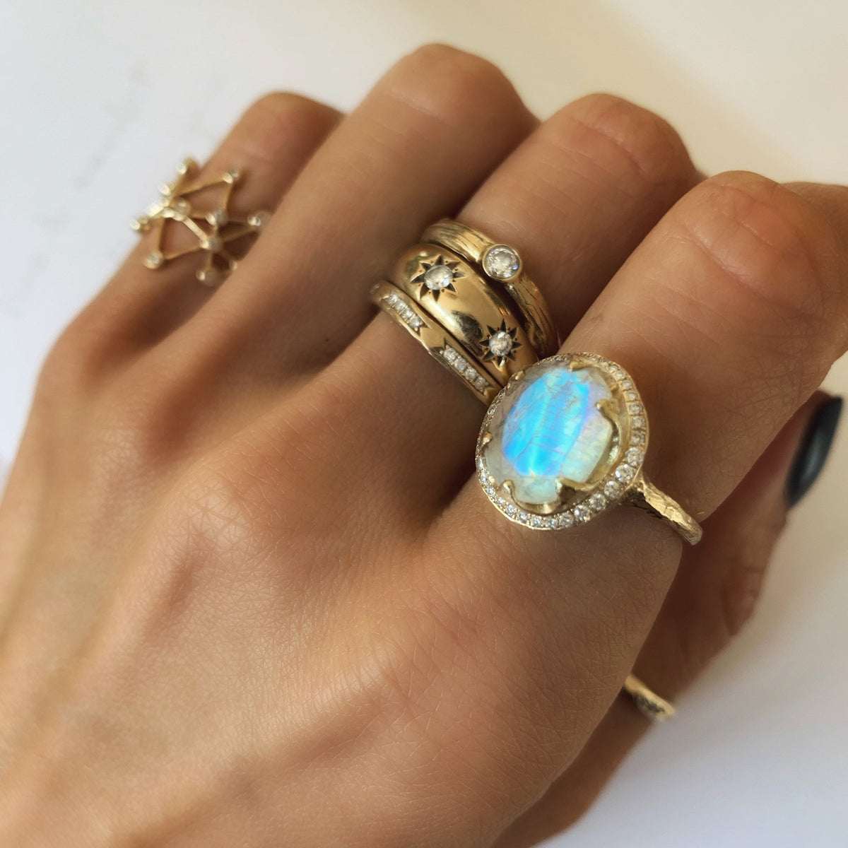 Queen Oval Moonstone Ring with Full Pavé Diamond Halo by Logan Hollowell Jewelry