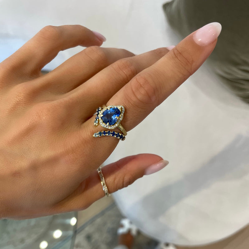 French Pavé Blue Sapphire Tusk Ring by Logan Hollowell Jewelry