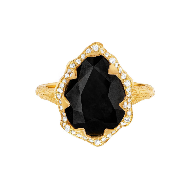 Queen Water Drop Onyx Ring with Full Pavé Diamond Halo Yellow Gold 3 by Logan Hollowell Jewelry