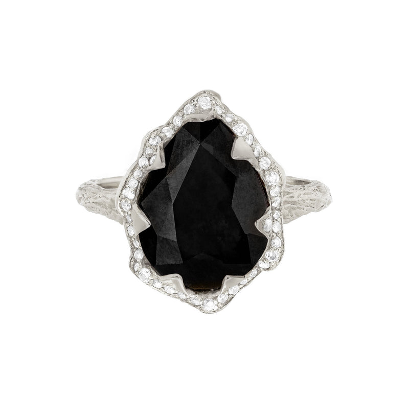 Queen Water Drop Onyx Ring with Full Pavé Diamond Halo White Gold 3 by Logan Hollowell Jewelry