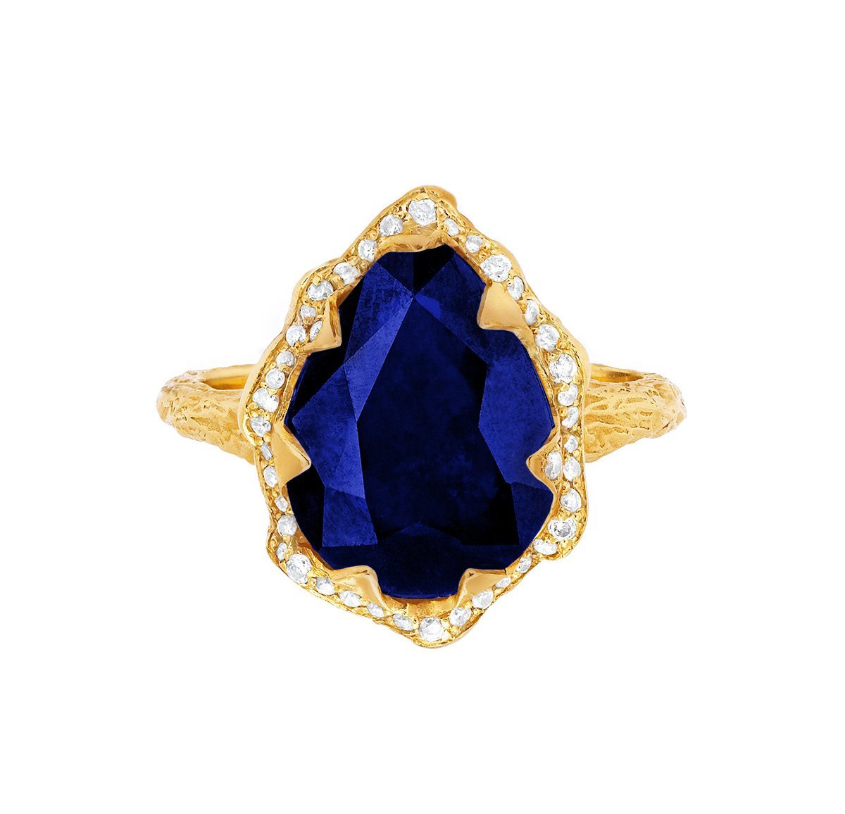 Queen Water Drop Sapphire Ring with Full Pavé Diamond Halo Yellow Gold 3 by Logan Hollowell Jewelry