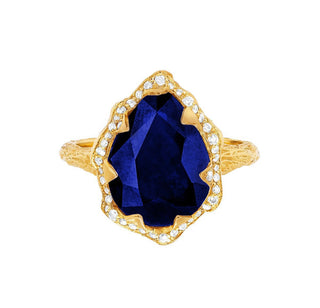 Queen Water Drop Sapphire Ring with Full Pavé Diamond Halo Yellow Gold 5  by Logan Hollowell Jewelry