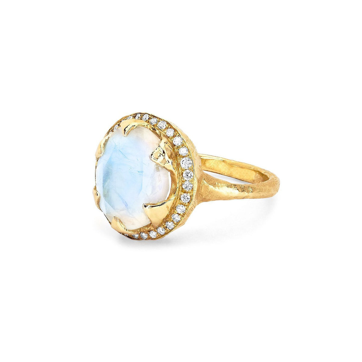 Queen Oval Moonstone Ring with Full Pavé Diamond Halo by Logan Hollowell Jewelry
