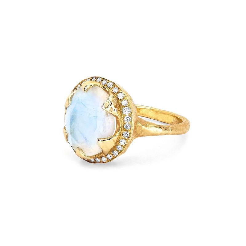 Queen Oval Moonstone Ring with Full Pavé Diamond Halo by Logan Hollowell Jewelry