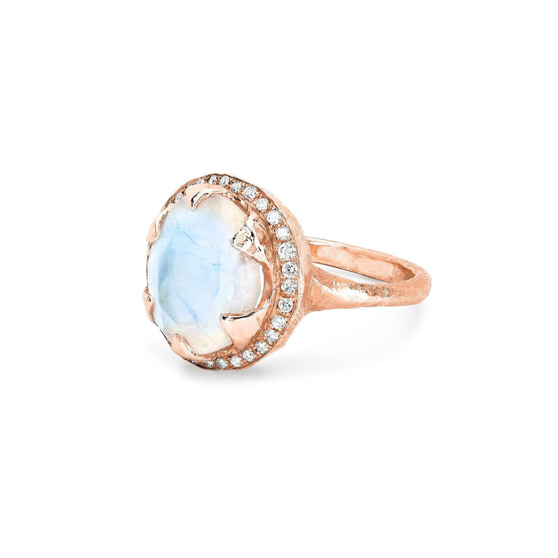 Queen Oval Moonstone Ring with Full Pavé Diamond Halo by Logan Hollowell Jewelry